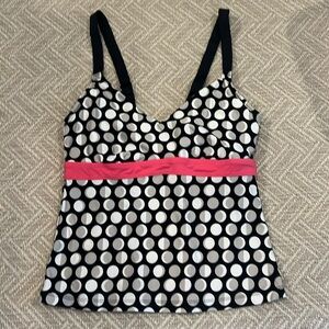 JAG Swimsuit Tankini Top Black Polkadot Pink Band Size 34D 84% Nylon 16% Spandex